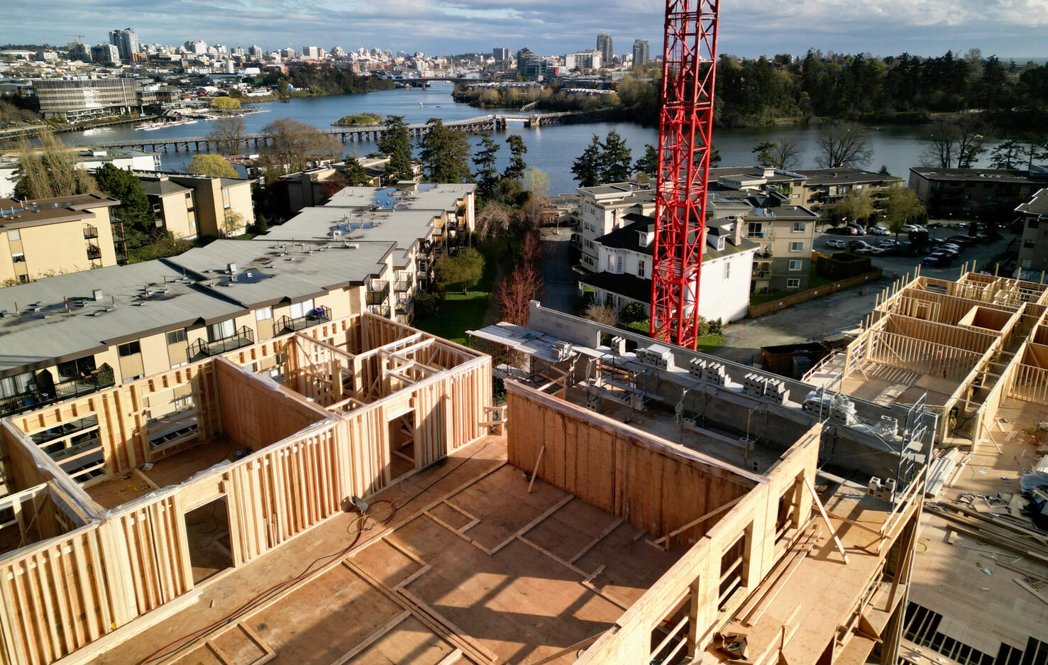 Residential wood frame construction site drone photography Victoria